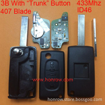 Hot sale products-- Original Citroen FSK 3 button flip remote key with HU83 407 blade ( With trunk button) 433Mhz ID46 Chip (Bef